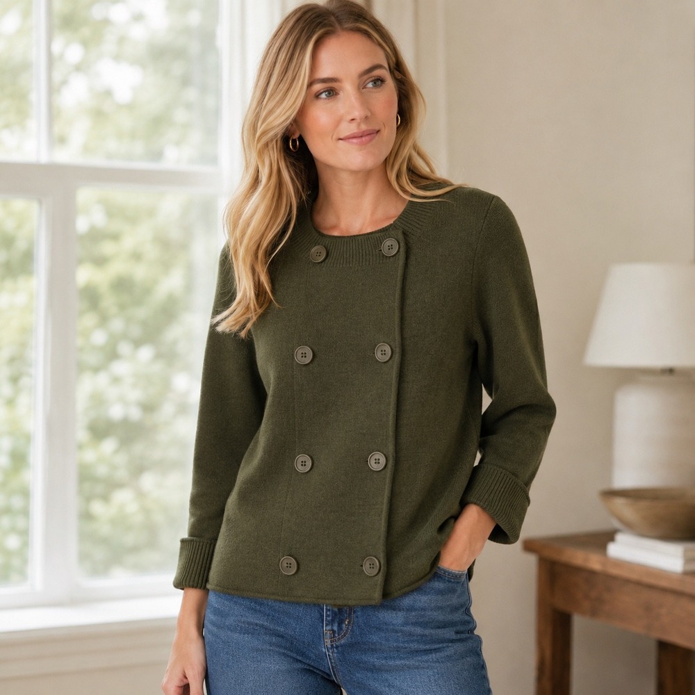 Talbots XS Merino Wool Sweater Jacket Olive Green Double Breasted Cardigan